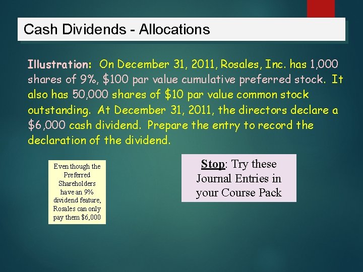 Cash Dividends - Allocations Illustration: On December 31, 2011, Rosales, Inc. has 1, 000
