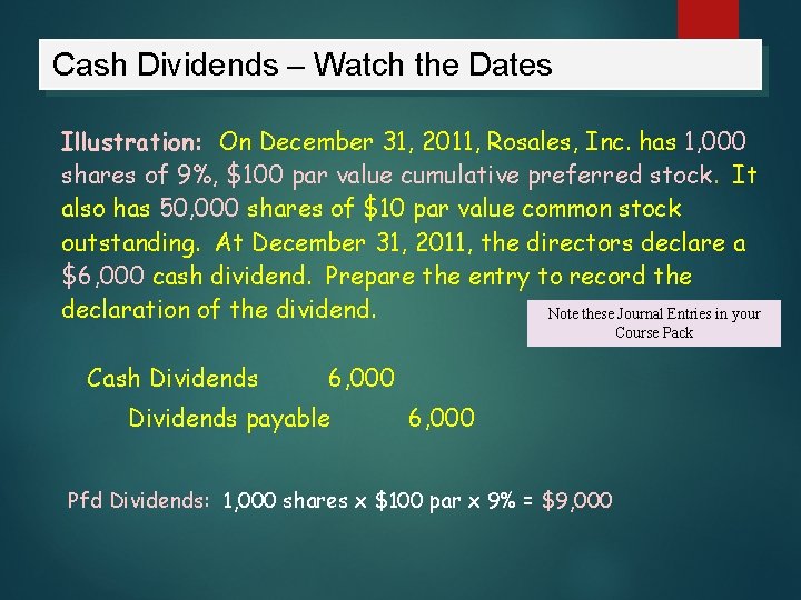 Cash Dividends – Watch the Dates Illustration: On December 31, 2011, Rosales, Inc. has