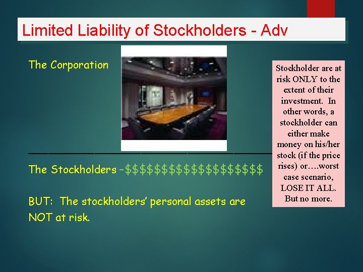 Limited Liability of Stockholders - Adv The Corporation Stockholder are at risk ONLY to
