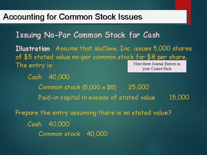 Accounting for Common Stock Issues Issuing No-Par Common Stock for Cash Illustration: Assume that