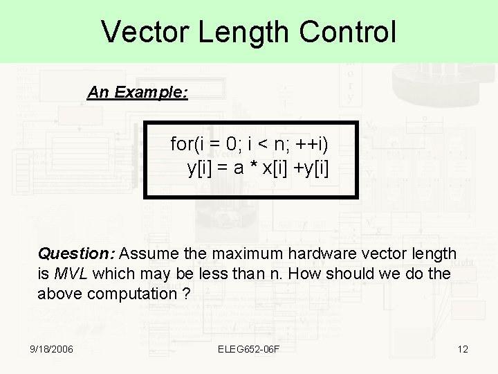 Vector Length Control An Example: for(i = 0; i < n; ++i) y[i] =