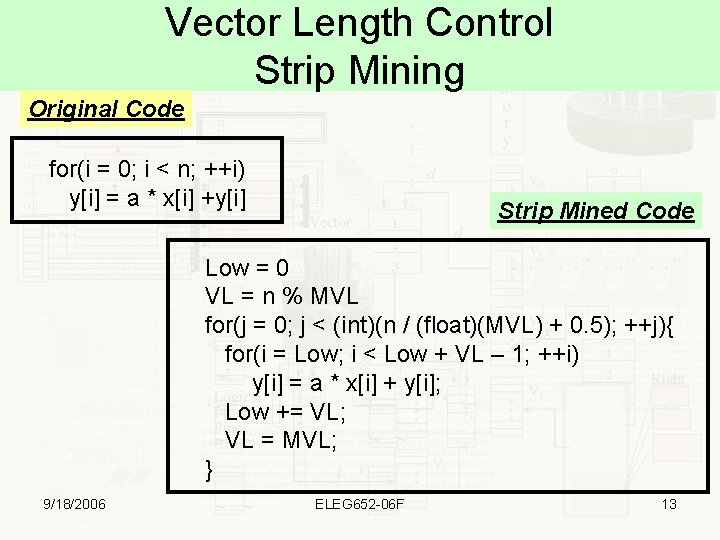 Vector Length Control Strip Mining Original Code for(i = 0; i < n; ++i)