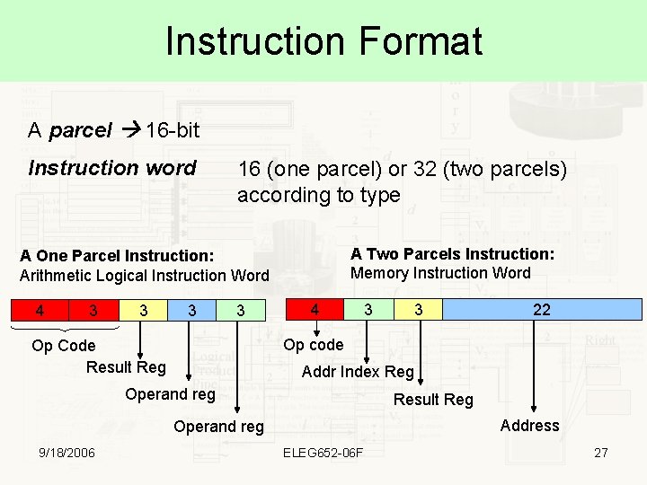 Instruction Format A parcel 16 -bit Instruction word 16 (one parcel) or 32 (two