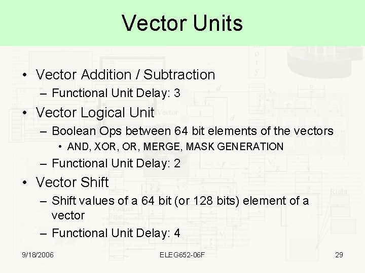 Vector Units • Vector Addition / Subtraction – Functional Unit Delay: 3 • Vector