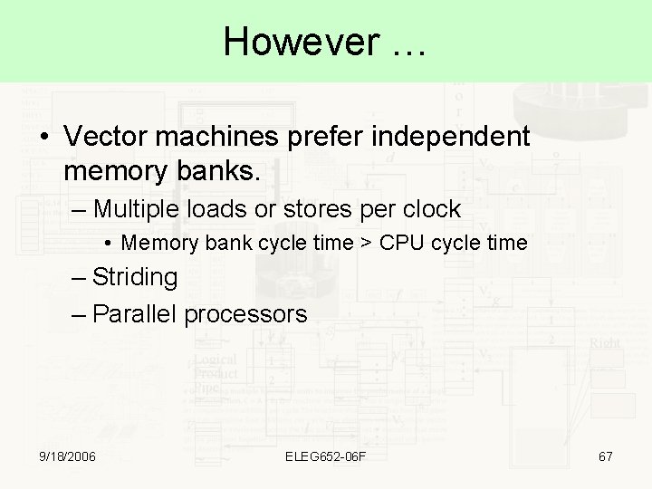 However … • Vector machines prefer independent memory banks. – Multiple loads or stores