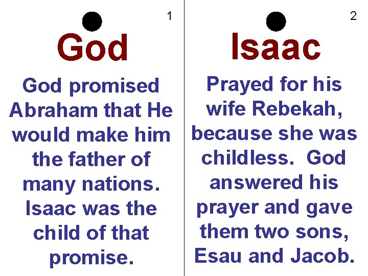 1 God 2 Isaac Prayed for his God promised wife Rebekah, Abraham that He