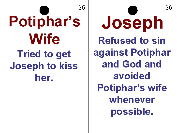 35 Potiphar’s Wife Tried to get Joseph to kiss her. 36 Joseph Refused to