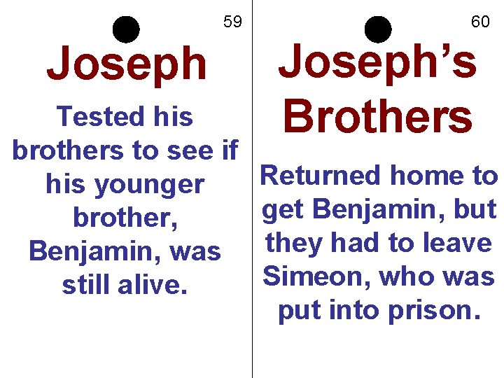 59 Joseph Tested his brothers to see if his younger brother, Benjamin, was still