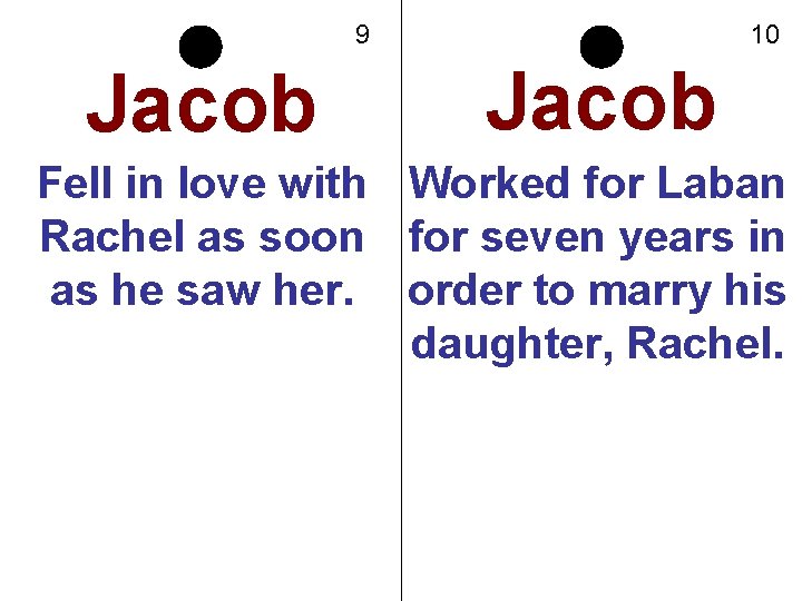9 Jacob 10 Jacob Fell in love with Worked for Laban Rachel as soon