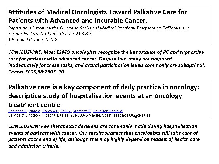 Attitudes of Medical Oncologists Toward Palliative Care for Patients with Advanced and Incurable Cancer.