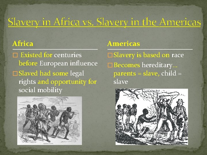 Slavery in Africa vs. Slavery in the Americas Africa Americas � Existed for centuries