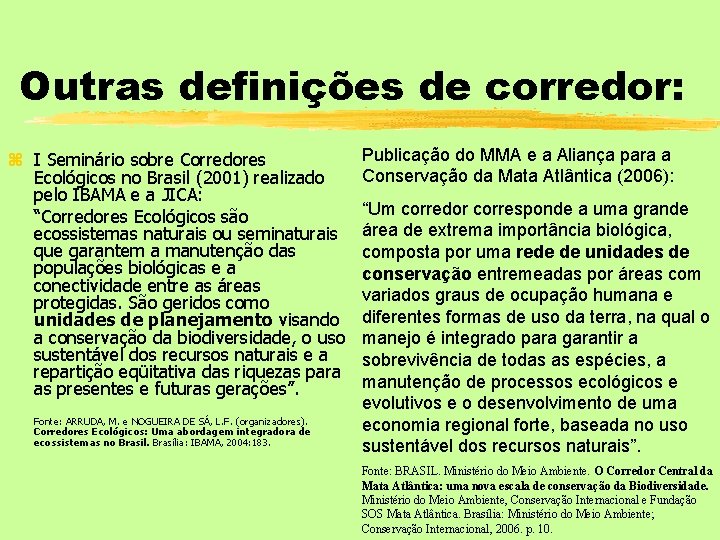 Outras definições de corredor: z I Seminário sobre Corredores Ecológicos no Brasil (2001) realizado
