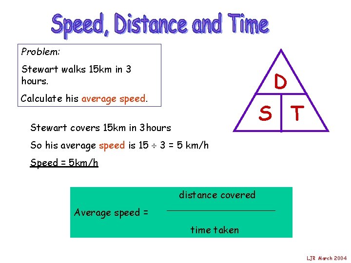 Problem: Stewart walks 15 km in 3 hours. D Calculate his average speed. S