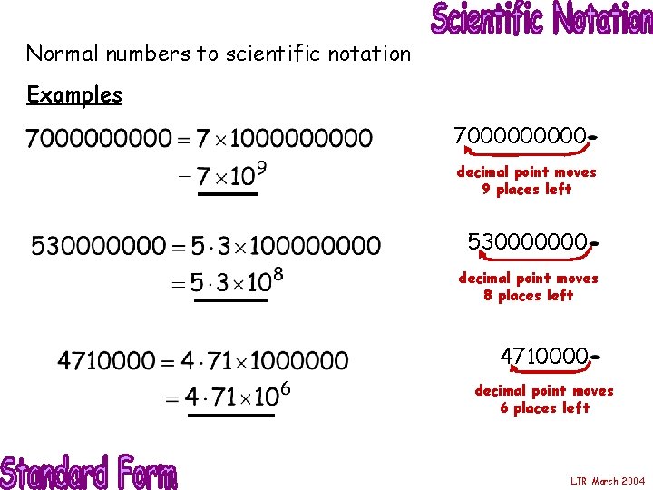 Normal numbers to scientific notation Examples 700000 decimal point moves 9 places left 530000000