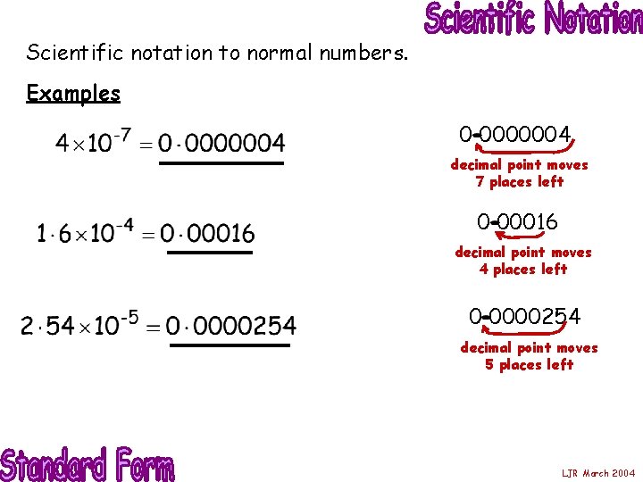Scientific notation to normal numbers. Examples 0 0000004 decimal point moves 7 places left