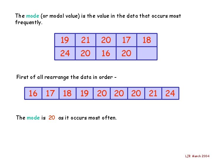 The mode (or modal value) is the value in the data that occurs most