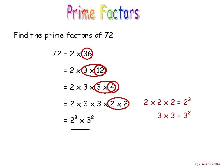 Find the prime factors of 72 72 = 2 x 36 = 2 x