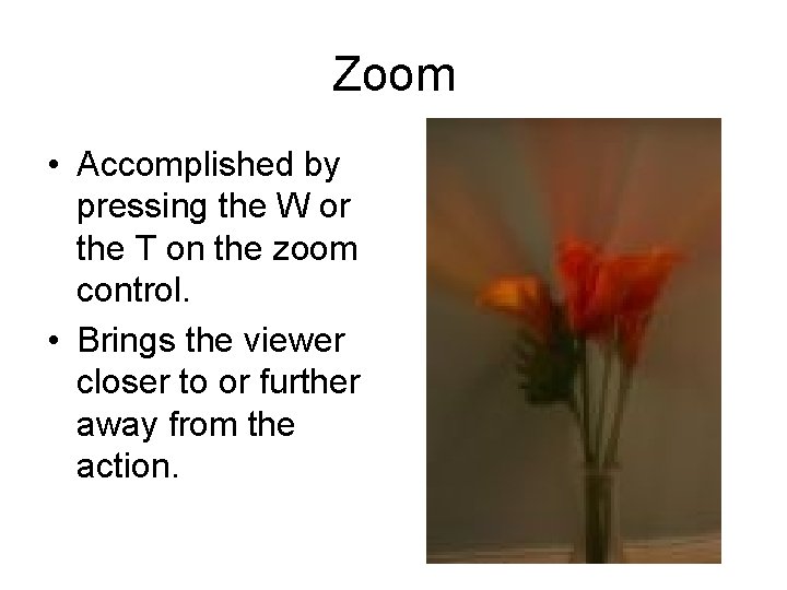 Zoom • Accomplished by pressing the W or the T on the zoom control.