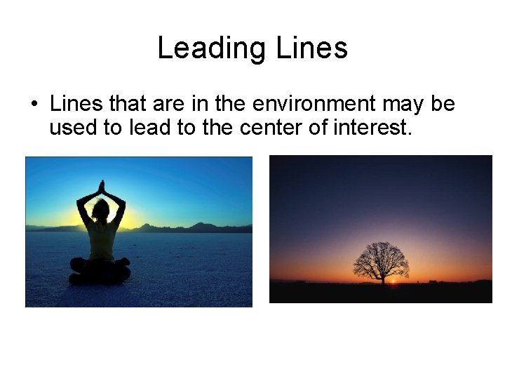 Leading Lines • Lines that are in the environment may be used to lead