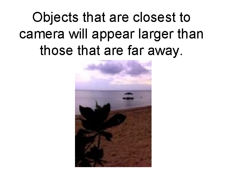 Objects that are closest to camera will appear larger than those that are far