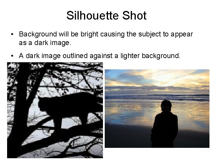 Silhouette Shot • Background will be bright causing the subject to appear as a