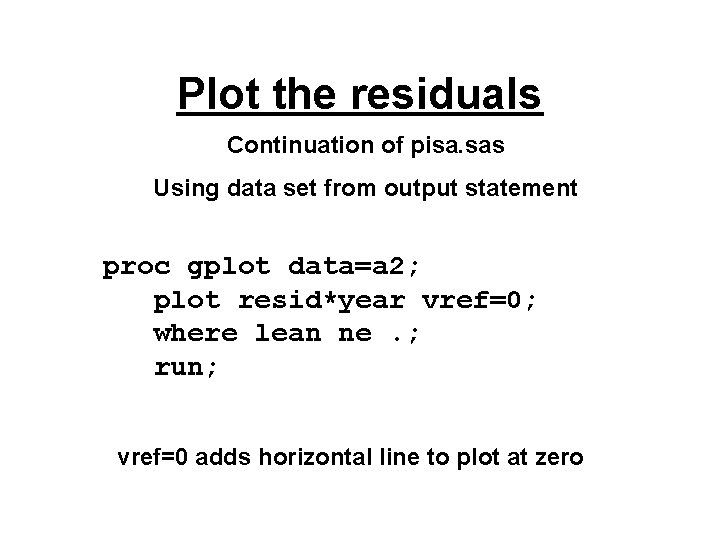 Plot the residuals Continuation of pisa. sas Using data set from output statement proc