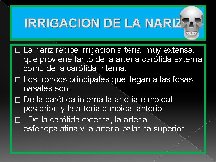 IRRIGACION DE LA NARIZ La nariz recibe irrigación arterial muy extensa, que proviene tanto
