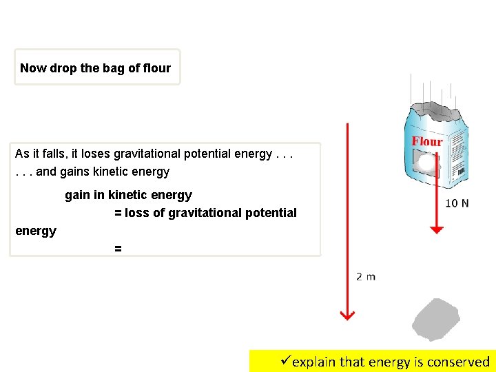 Now drop the bag of flour As it falls, it loses gravitational potential energy.