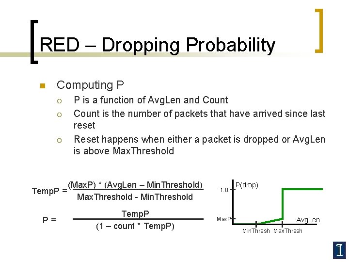 RED – Dropping Probability n Computing P ¡ ¡ ¡ P is a function