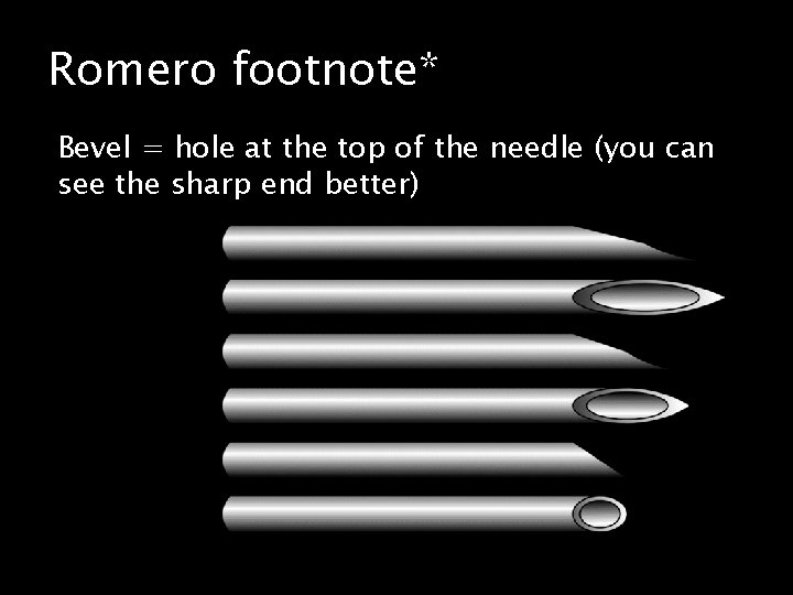 Romero footnote* Bevel = hole at the top of the needle (you can see