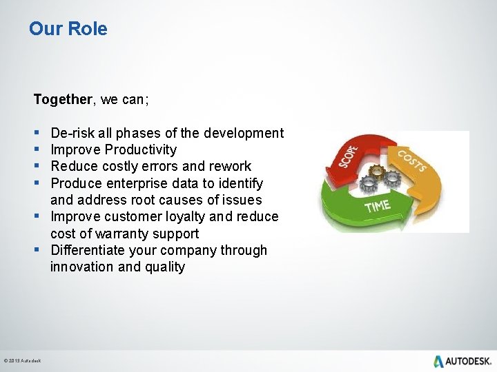 Our Role Together, we can; § § De-risk all phases of the development Improve