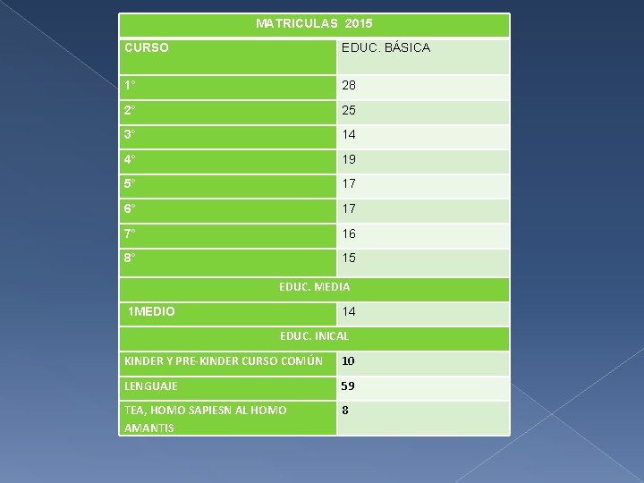 MATRICULAS 2015 CURSO EDUC. BÁSICA 1° 28 2° 25 3° 14 4° 19 5° MATRICULAS 2015 CURSO EDUC. BÁSICA 1° 28 2° 25 3° 14 4° 19 5°