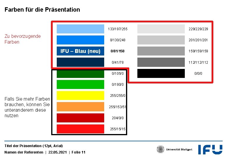 Farben für die Präsentation Zu bevorzugende Farben IFU – Blau (neu) 133/197/255 229/229 0/130/248