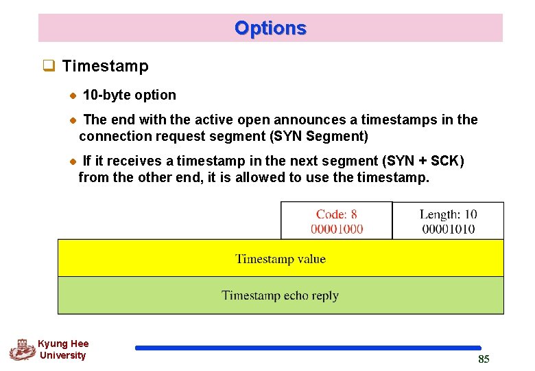 Options q Timestamp 10 -byte option The end with the active open announces a