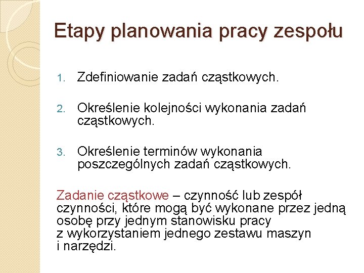 Etapy planowania pracy zespołu 1. Zdefiniowanie zadań cząstkowych. 2. Określenie kolejności wykonania zadań cząstkowych.