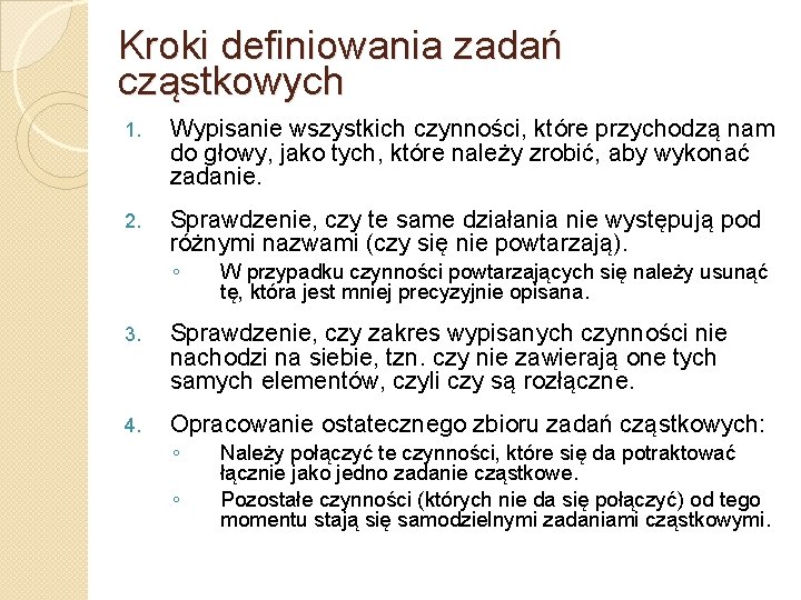 Kroki definiowania zadań cząstkowych 1. Wypisanie wszystkich czynności, które przychodzą nam do głowy, jako