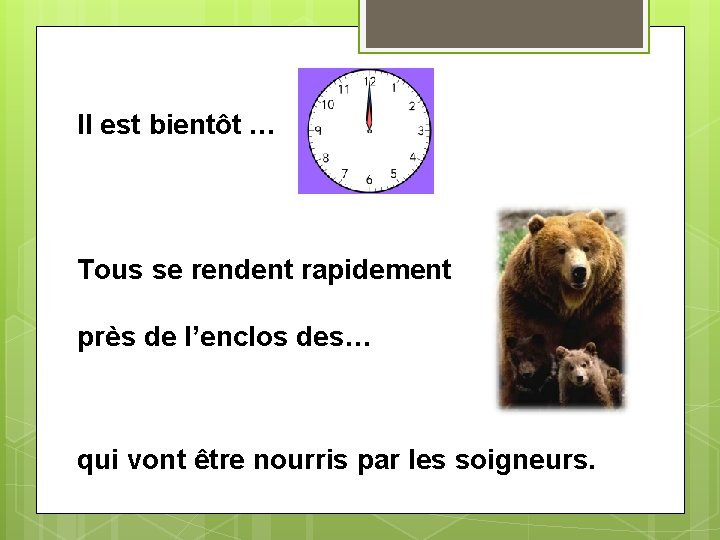 Il est bientôt … Tous se rendent rapidement près de l’enclos des… qui vont