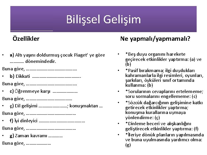 Bilişsel Gelişim Ne yapmalı/yapmamalı? Özellikler a) Altı yaşını doldurmuş çocuk Piaget’ ye göre ………… Bilişsel Gelişim Ne yapmalı/yapmamalı? Özellikler a) Altı yaşını doldurmuş çocuk Piaget’ ye göre …………