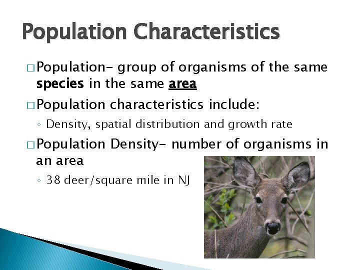 Population Characteristics � Population- group of organisms of the same species in the same