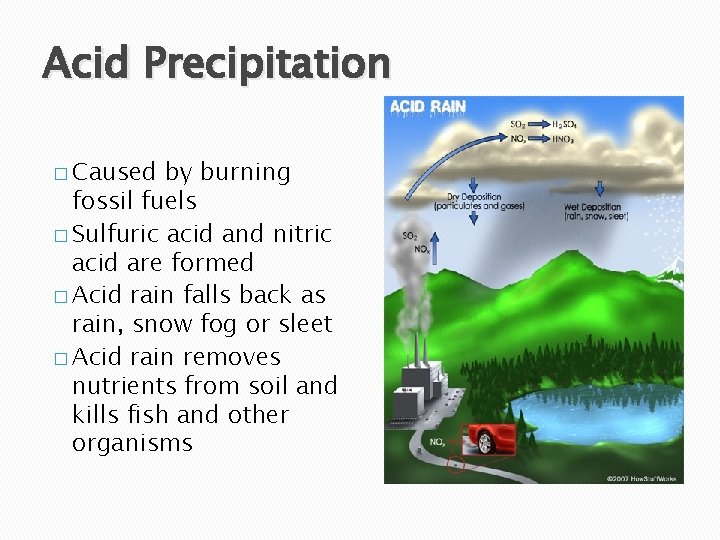 Acid Precipitation � Caused by burning fossil fuels � Sulfuric acid and nitric acid