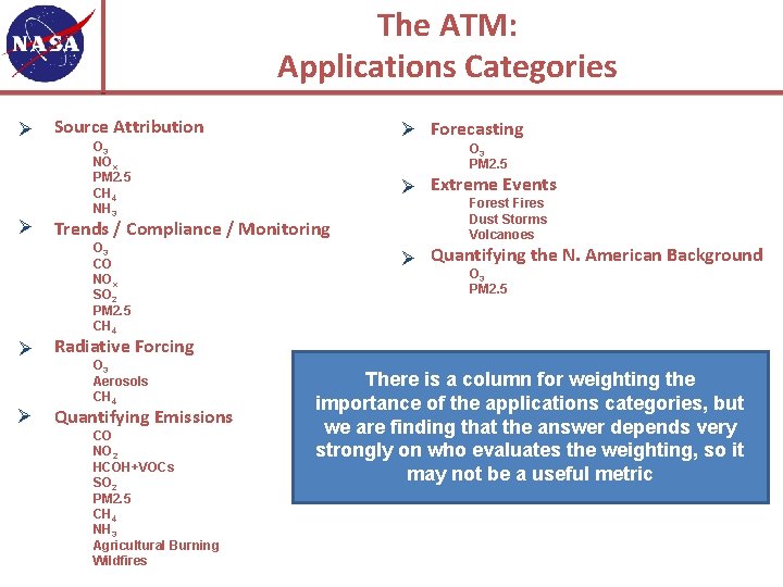 The ATM: Applications Categories Ø Source Attribution O 3 NOx PM 2. 5 CH