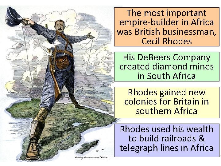 The most important empire-builder in Africa was British businessman, Cecil Rhodes His De. Beers