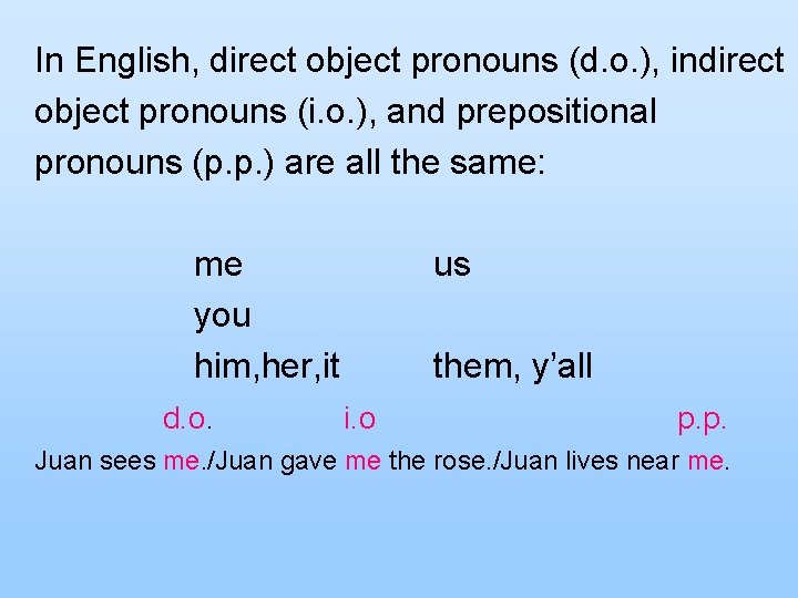 In English, direct object pronouns (d. o. ), indirect object pronouns (i. o. ),