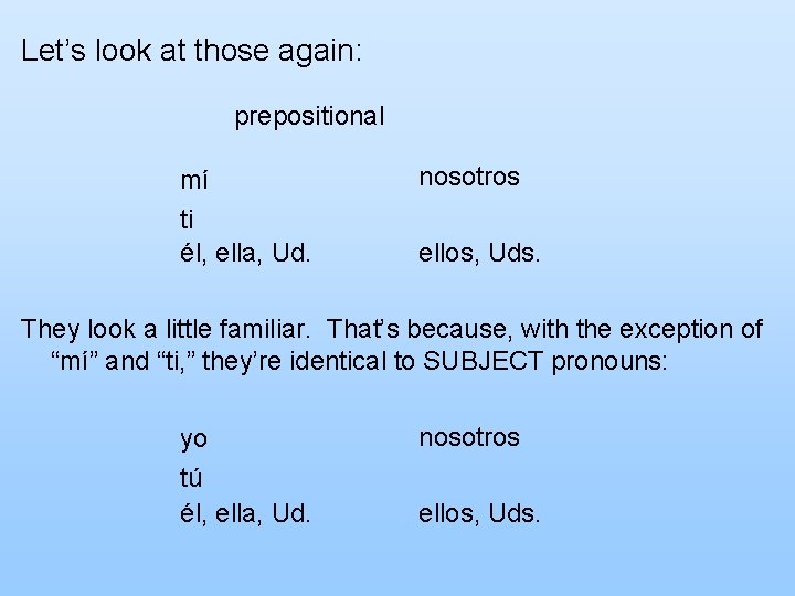 Let’s look at those again: prepositional mí ti él, ella, Ud. nosotros ellos, Uds.