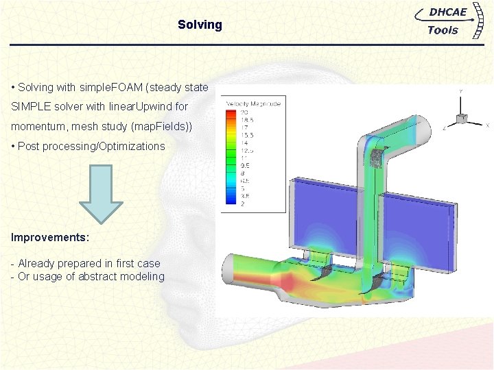 Solving • Solving with simple. FOAM (steady state SIMPLE solver with linear. Upwind for