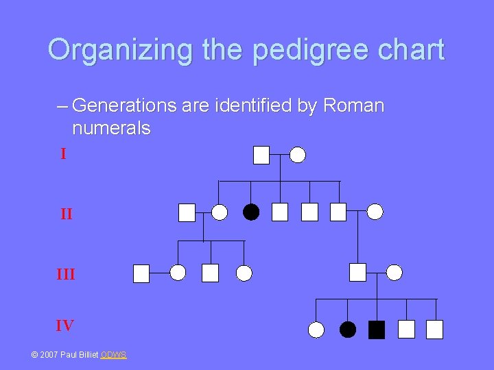 Organizing the pedigree chart – Generations are identified by Roman numerals I II IV