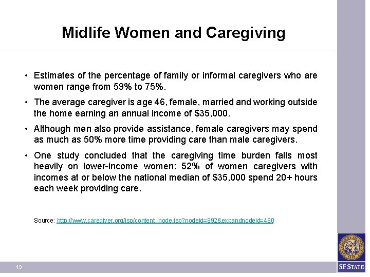 Midlife Women and Caregiving • Estimates of the percentage of family or informal caregivers