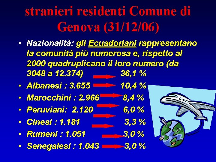stranieri residenti Comune di Genova (31/12/06) • Nazionalità: gli Ecuadoriani rappresentano la comunità più
