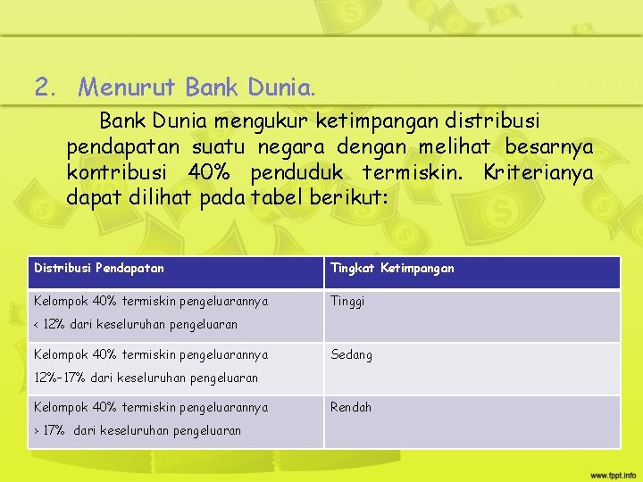 2. Menurut Bank Dunia mengukur ketimpangan distribusi pendapatan suatu negara dengan melihat besarnya kontribusi