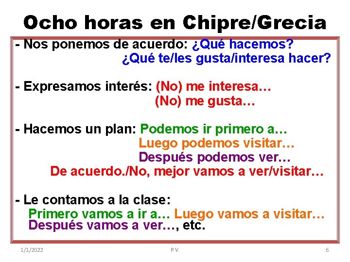 Ocho horas en Chipre/Grecia - Nos ponemos de acuerdo: ¿Qué hacemos? ¿Qué te/les gusta/interesa